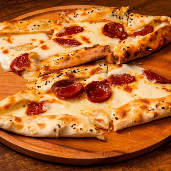 Two boat-shaped Turkish pide with melted cheese and pepperoni slices on a wooden serving board.