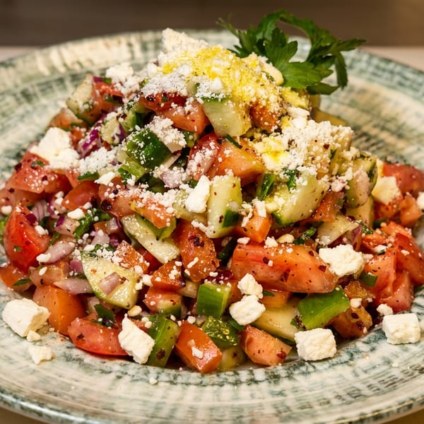 A vibrant salad with diced tomatoes, cucumbers, and feta cheese, garnished with parsley on a patterned plate.