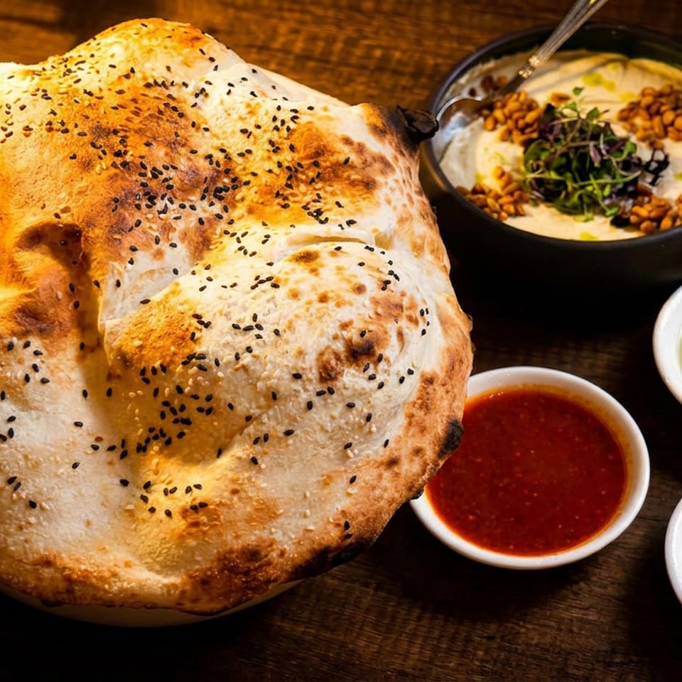 Freshly baked flatbread with sesame seeds, hummus, olive oil, red sauce, and white sauce on a wooden table.