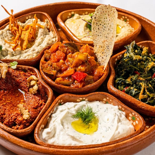 A round clay platter filled with six small dishes of various colorful Mediterranean dips and spreads.